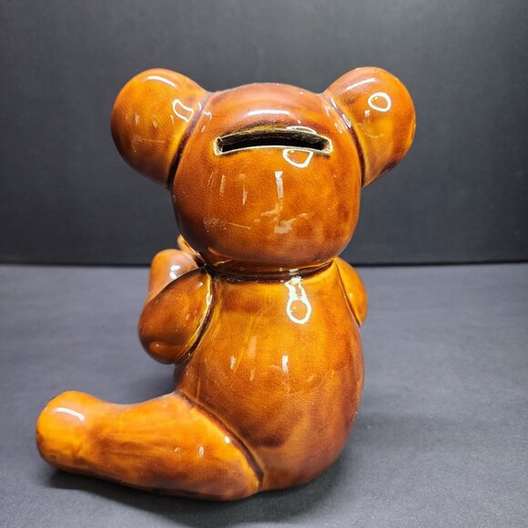 Vintage Bear with Honey Pot Bank Coin Bank Ceramic Glazed Brown 6'' Tall - Picture 2 of 6